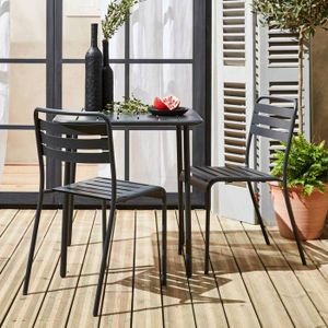 Ensemble table et chaise de jardin Table de jardin métal anthracite Amélia avec 2 chaises. lattes et bords arrondis. traitement antirouille 