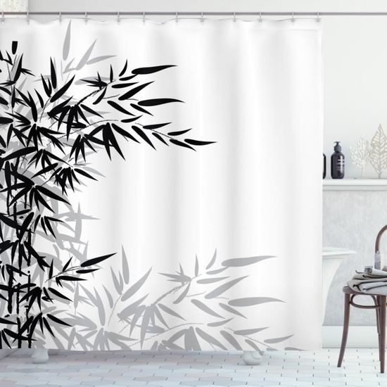 Abakuhaus Bambou Rideau de Douche, Feuilles de bambou plantes, 175 x 240 CM, Noir et blanc
