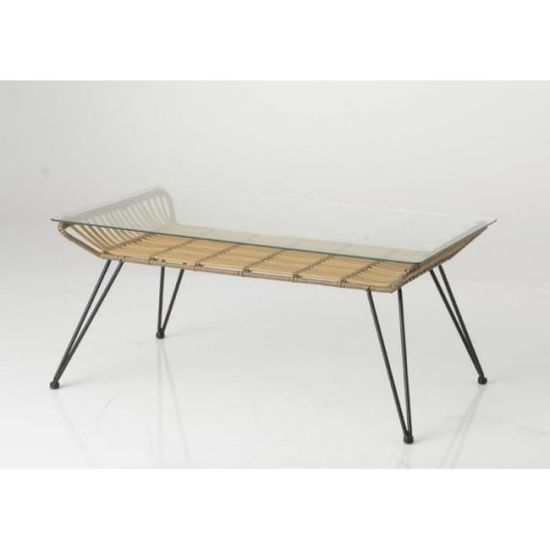 Table Basse Rectangulaire Rotin Et Plateau En Verre Brut Achat