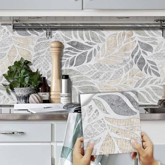 CRE8TIVE Carrelage Adhésif Mural Gris Clair Éventail – 4 Carreaux PVC 30.5x30.5 Cm, Credence Cuisine & Salle De Bain Imperméable, Look Marbre Moderne !