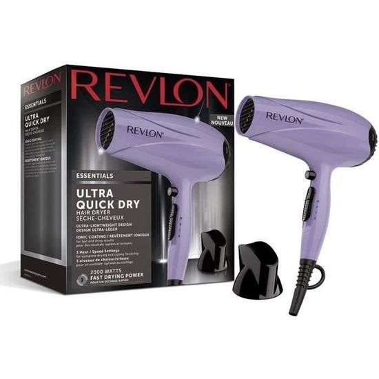 Sèche-cheveux REVLON Ultra Quick Dry - 3 vitesses - 2000W - Revêtement ionique - Touche air froid - Embout amovible - Violet