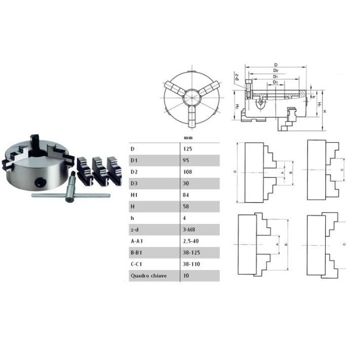 Mandrin de tour à serrage concentrique 3+3 mors Ø 125mm