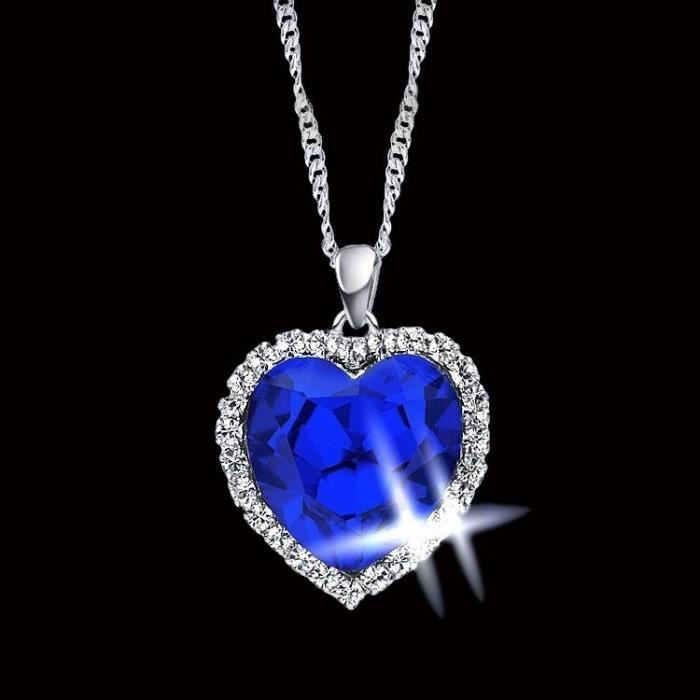 Bijoux Romantique Titanic Océan Coeur Pendentif Colliers Pour Les Femmes Bleu Cristal Strass Collier Ras Du Cou 925 Bijo Bleu