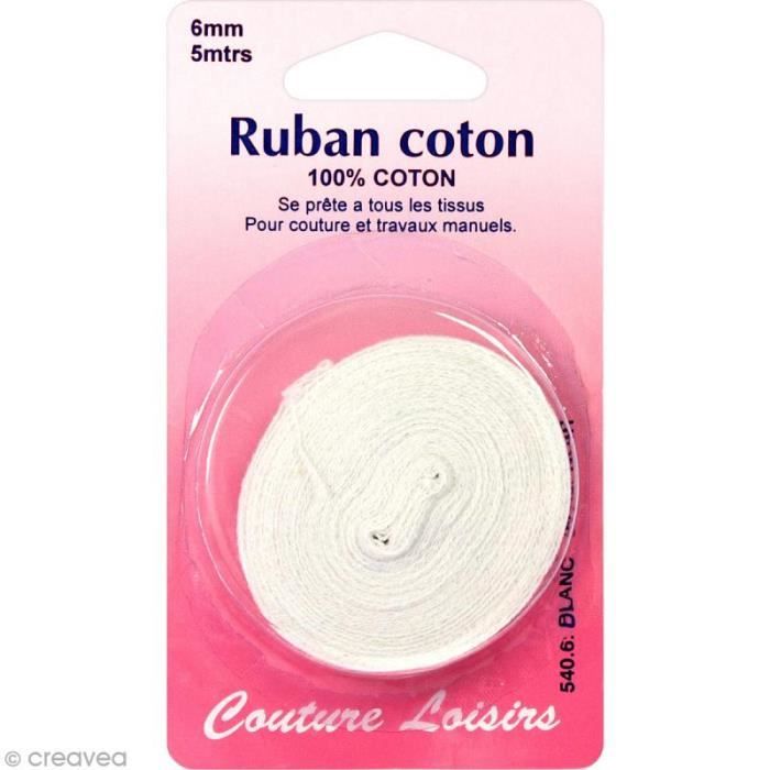 Ruban de coton Blanc 6 mm - 5 mètres Ruban de coton pour couture et loisirs créatifs : - Quantité : 5 mètres de ruban - Largeur du