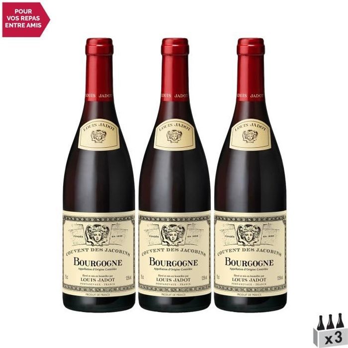 Bourgogne Couvent des Jacobins Rouge 2019 - Lot de 3x75cl - Louis Jadot - Vin AOC Rouge de Bourgogne - Cépage Pinot Noir