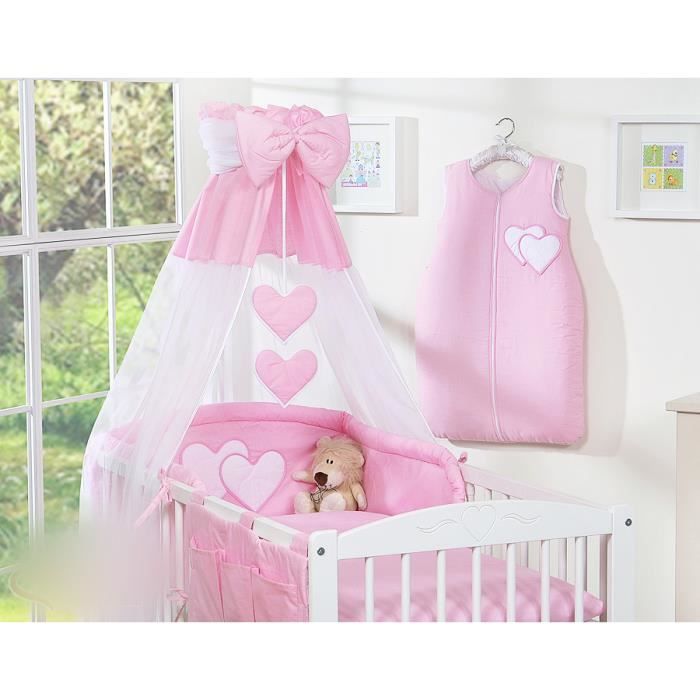 4 pcs ensemble Ciel en Voile Tour de lit bébé 140x70 rose à coeurs Housses de couette 100x135 et d'oreiller