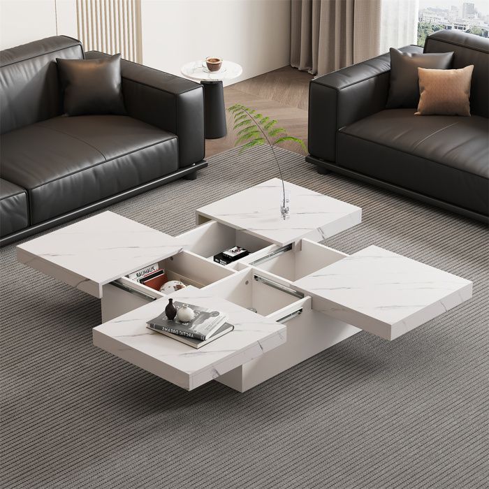 Table Basse Carrée Blanche Table Basse Salon avec 4 Tiroirs de Rangement Surface Coulissante Effet Marbre 90 x 90 x 25 cm