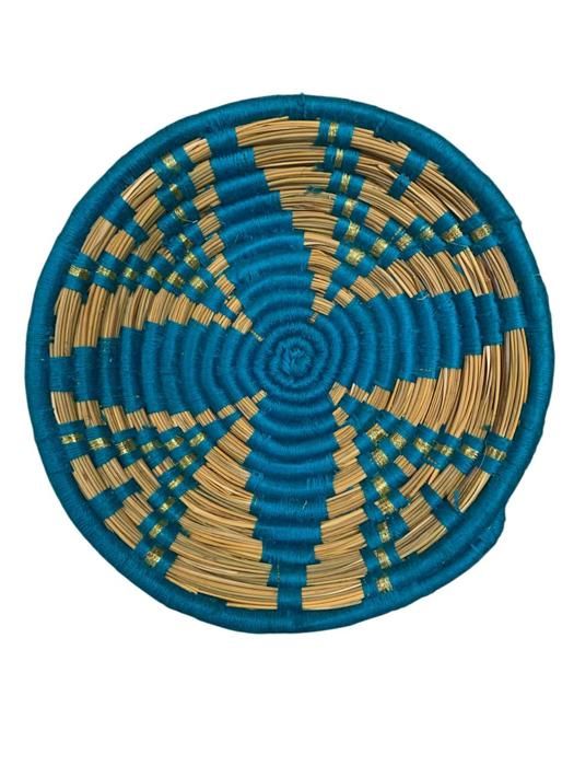Panier Assiette en Osier Marocain artisanal – 35 cm – Décoration Murale en Marron Camel et Bleu Turquoise