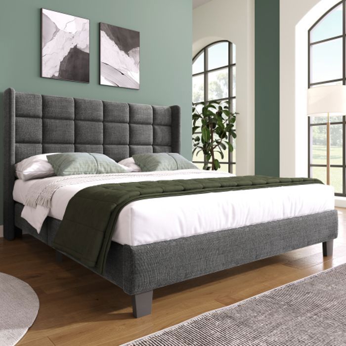 Lit simple140x200cm avec tete de lit rembourrée avec sommier à lattes lit adulte en lin gris moyennement ferme