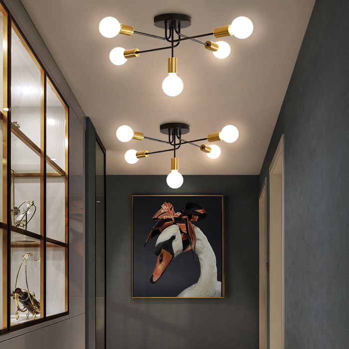 DLGLOLIN 2X Plafonnier Industriel 5-Lumières Lustre Vintage Lampe de Plafond en Métal Noir et Doré E27 Luminaire pour Salon Chambre