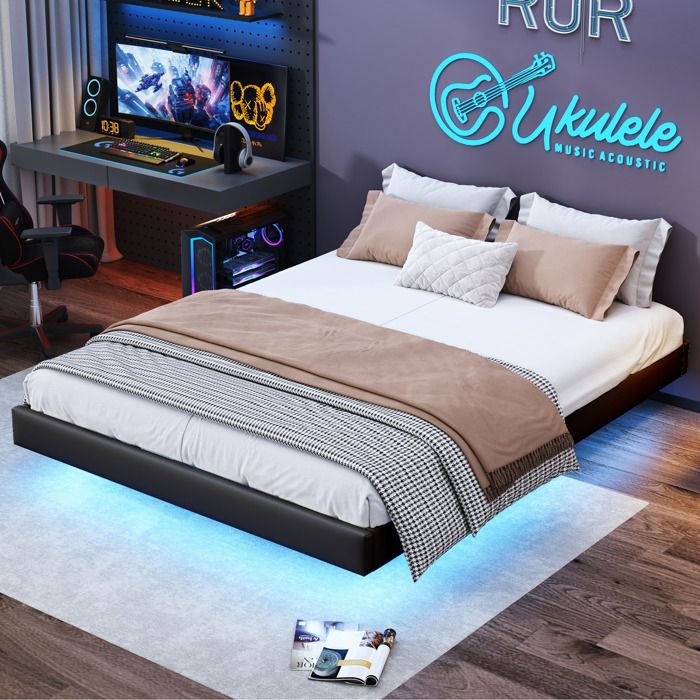 Cadre de lit coffre 160x200 cm noir — LED intégré rangement hydraulique sommier à lattes