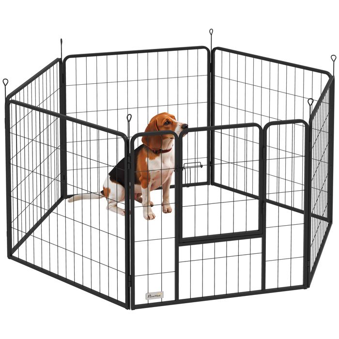 Meilleurs prix pour Parc pour chien - PawHut - 6 panneaux modulable pliable portable - avec porte - intérieur et extérieur - en acier - 80H cm - gris