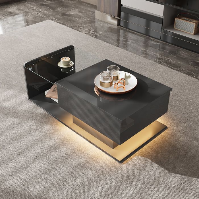 Table basse relevable haute brillance 100x50x47.5 cm - Plateau en verre - Éclairage LED - Panneaux de particules - Noir