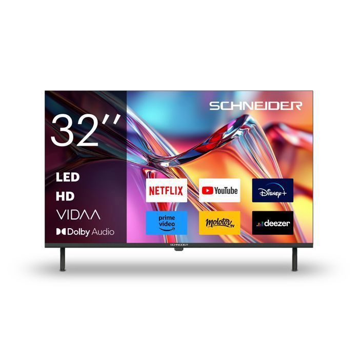 SCHNEIDER 32A2 Téléviseur LED 32 81cm Smart Vidaa HDMIx3 Netflix Youtube 1366 x 768 pix HD USBx2