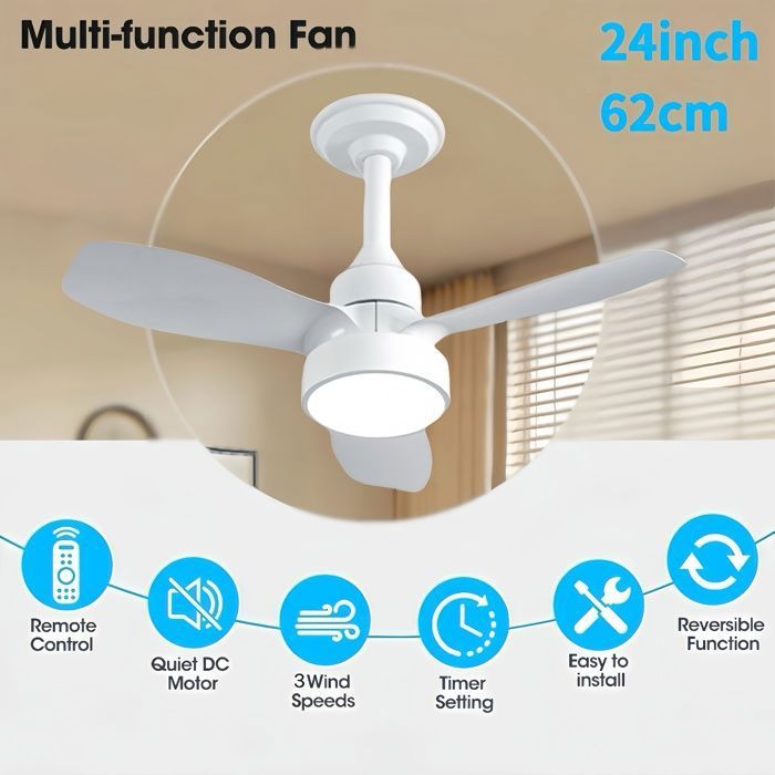 Ventilateur Plafond Blanc 62cm Lumière Télécommande Corps Métal blanc VENTILATEUR DE PLAFOND Multicolore VENTILATEUR DE PLAFOND - Hanlin