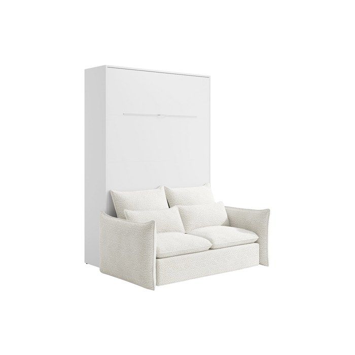 Lit escamotable 140 x 200 cm - Ouverture verticale manuelle - Avec LEDs - Blanc + Canapé en tissu bouclette beige - RAPILI