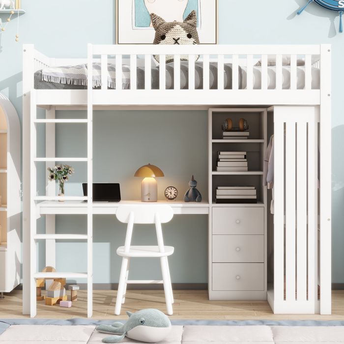 Lit Mezzanine Multifonctionnel 90x200cm avec Bureau et Armoire Lit Surélevé avec 3 Compartiments de Rangement et 3 Tiroirs blanc