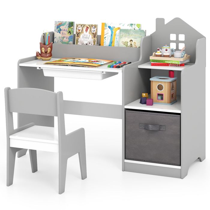 COSTWAY Ensemble Bureau Enfant avec Chaise - Étagères Ouvertes - Tiroir COSTWAY Ensemble Bureau Enfant avec Chaise - Étagères Ouvertes - Tiroir