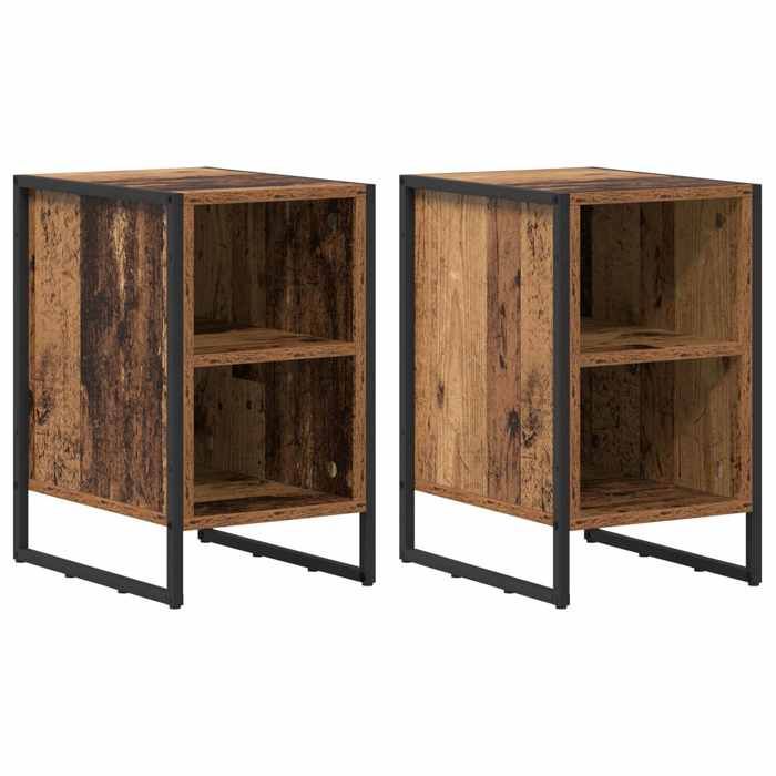 Table de chevet industrielle - GKO - Lot de 2 - Bois ancien - 39.5x30x50 cm - Pieds en acier - Assemblage requis