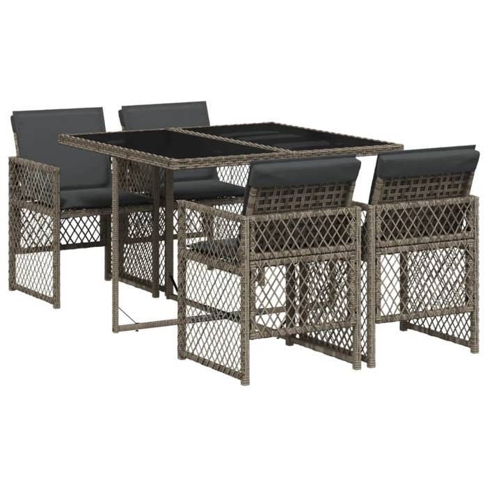 Ensemble à manger de jardin - BURKE - 5 pièces - Résine tressée - Coussins gris - Table 110x106x73 cm