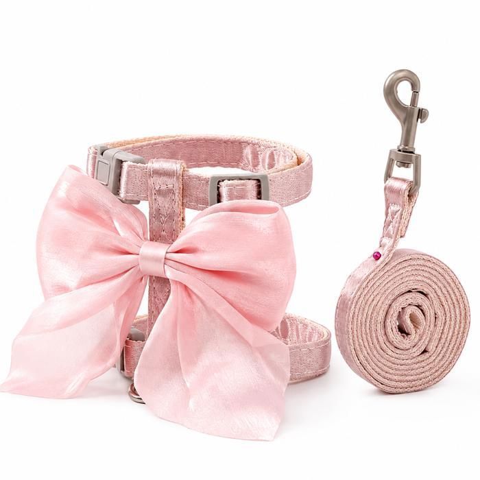 Harnais gilet - HACHIMI - Taille S - Rose - Nœud papillon réglable - Laisse incluse