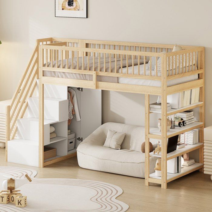 Lit mezzanine 90x200 cm lit enfants avec barrière penderie étagères rangement avec échelle lit multifonctionnel en bois massif