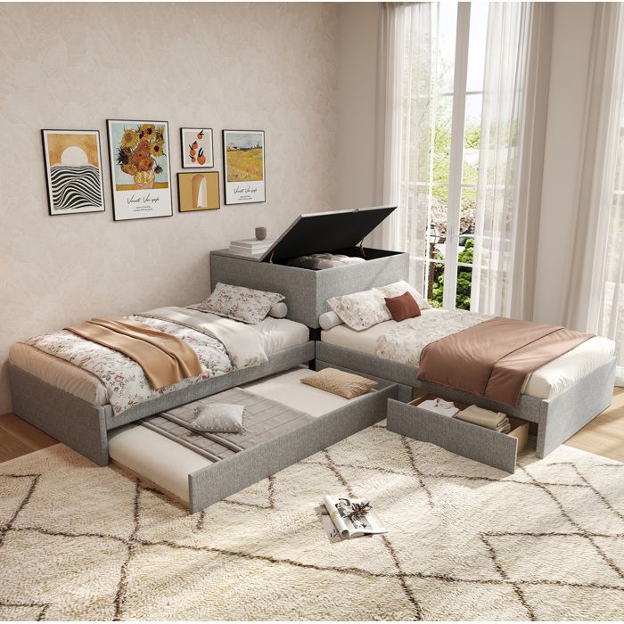 Lit enfant rembourré 90×200 cm. 2 tiroirs. avec lit gigogne. pour 3 personnes. sans matelas. lin. gris