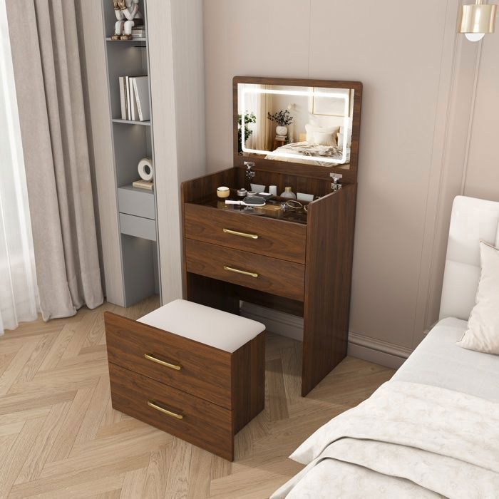 Coiffeuse 3-en-1 60x40x118 cm avec Miroir Rabattable Plateau en Verre 3 Tiroirs et Tabouret - Effet Noyer