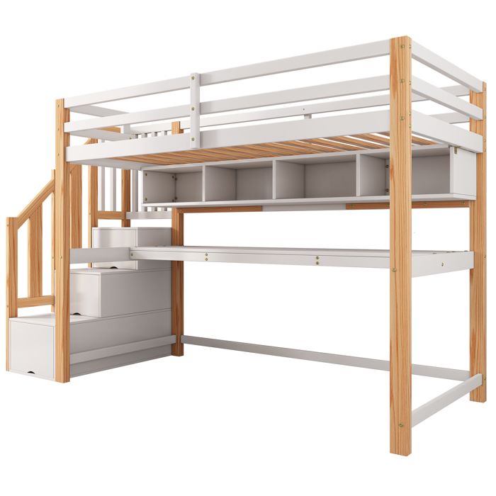 Lit Mezzanine enfant 90x200 cm - Lit Combiné avec Bureau et Étagères Bois Naturel Écologique Sans Matelas