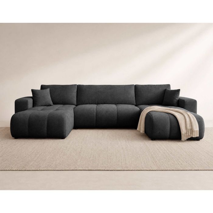 Nicole - Canapé panoramique en U 7 places convertible avec coffre en tissu - Gris Anthracite