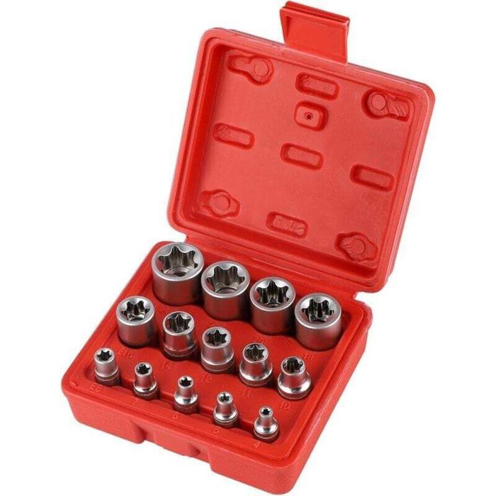 Lot de douilles Torx femelles - PZCC - 14 pièces - E4-E24 - Hexagonales - Acier chrome-vanadium - Étui moulé