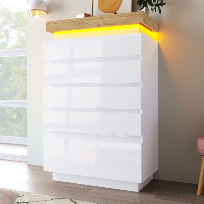 Commode blanche brillante à 6 tiroirs avec éclairage LED et contrôle par application