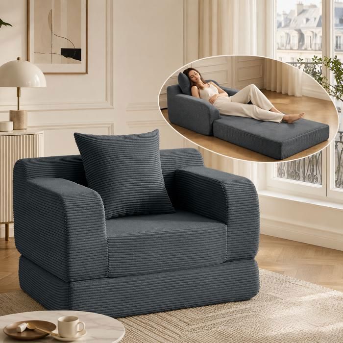 Canapé-lit Convertible 2 en 1 - AKABER - 1 Place -100x84x66cm-Velours Côtelé -Garniture éponge-Avec coussin-Pour Salon Chambre-Gris