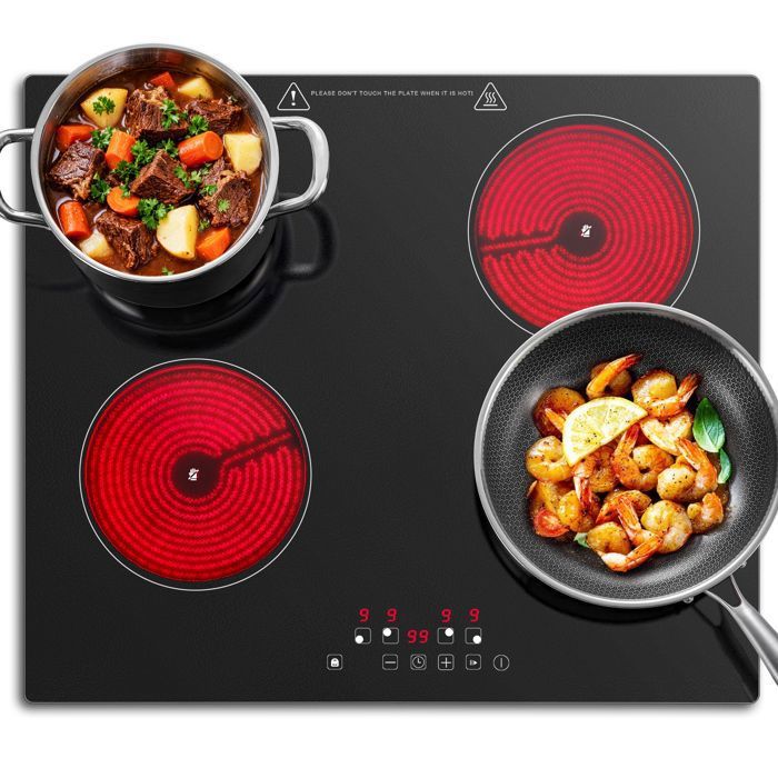 Plaque VitrocéramiquePlaque de Cuisson 4 Feux 60cm Encastrable Commande Tactile 6000W 9 Niveaux