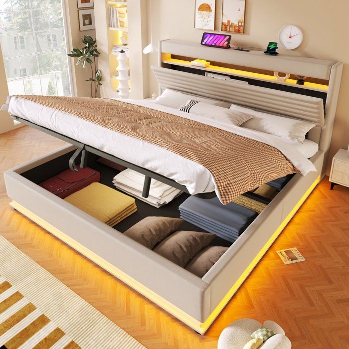 Lit coffre 180x200 cm beige en lin lit rembourré avec éclairage LED USB-C rangement hydraulique et tête de lit rangement