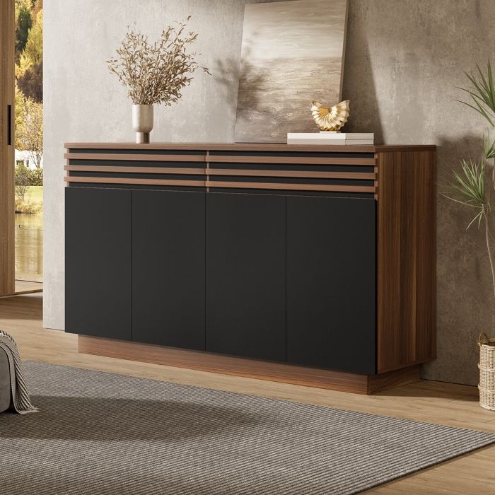 Buffet pour Salon avec 2 Tiroirs et 4 Portes - bahut pour Salon - Cuisine et Salle à Manger - 150x40x85cm- bois marron avec noires