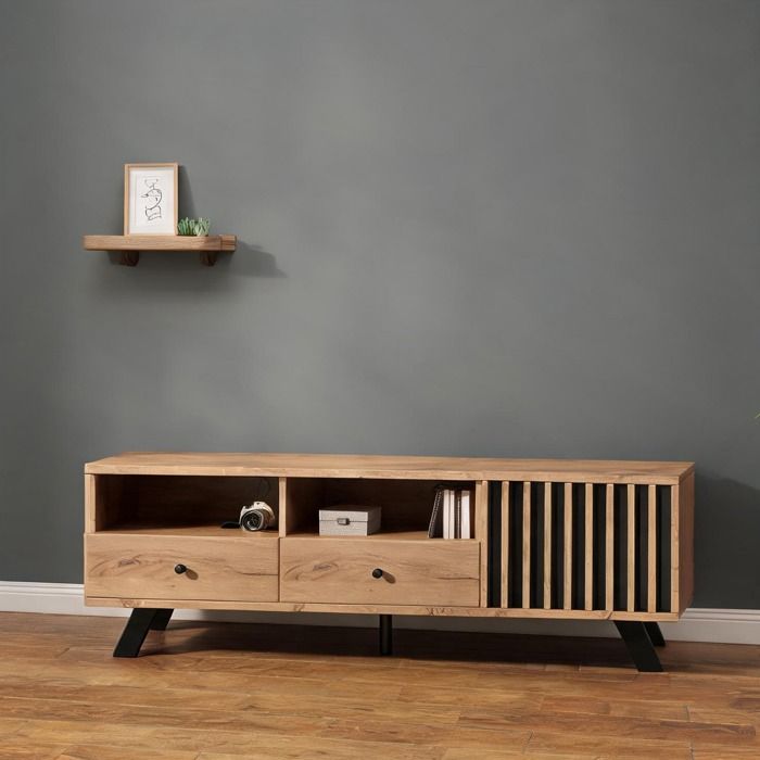 Meuble TV en panneaux de particules effet bois naturel 150 x 38 x 44 cm 2 tiroirs et placard style scandinave