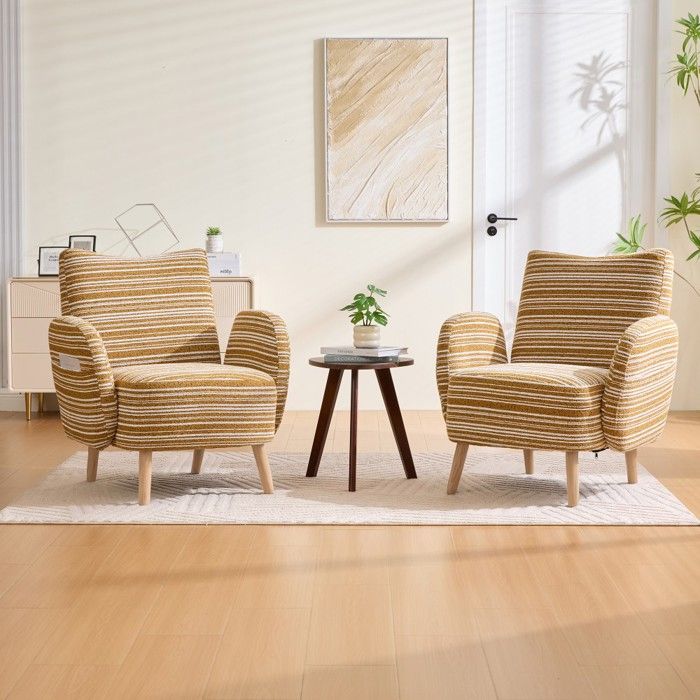 Fauteuil Jaune 77x81x87cm - Tissu Motifs Circulaires - Poche Latérale Pieds Bois - Lecture Confortable - Design Moderne