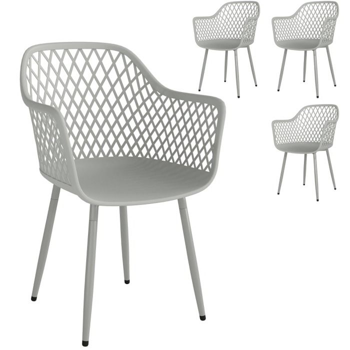 Lot de 4 chaises de jardin grises avec accoudoirs dossier ajouré pieds en métal 56 x 51 x 84 cm