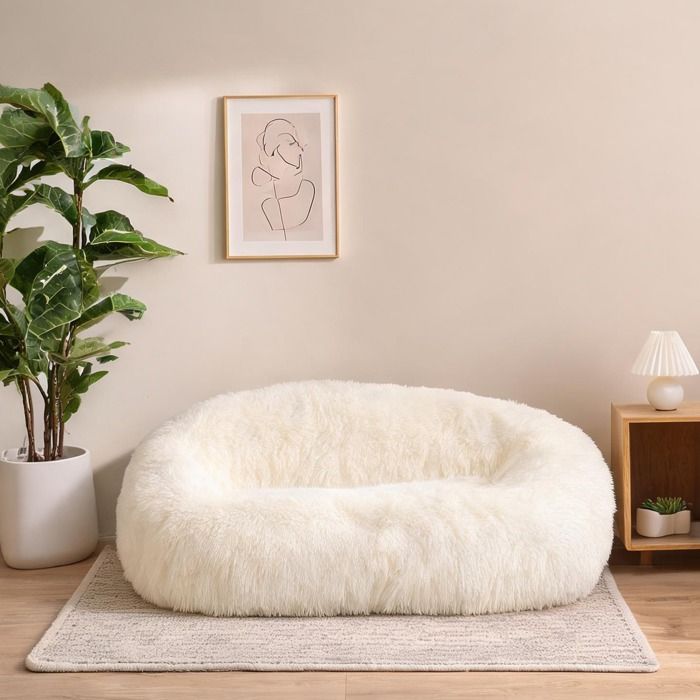 Canapé de sol convertible en peluche neutre beige 5 positions de dossier réglables structure métal et mousse L175 x l89 cm