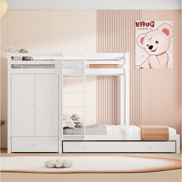 WUVRIE Lit superposé 90x200 avec lit gigogne armoire intégrée tiroirs étagère blanc
