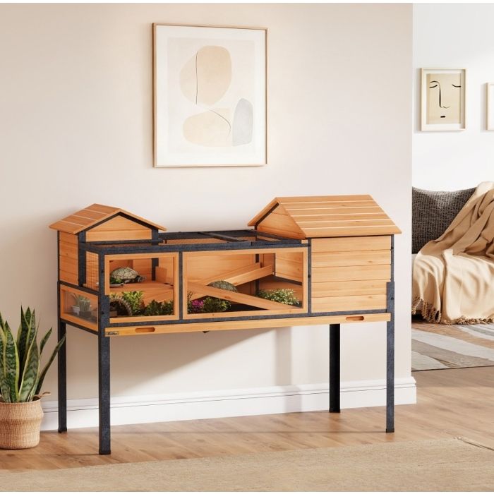Maison pour tortues enclos pour petits animaux 2 niveaux avec fenêtres rampes bois métal jaune VEVXYN