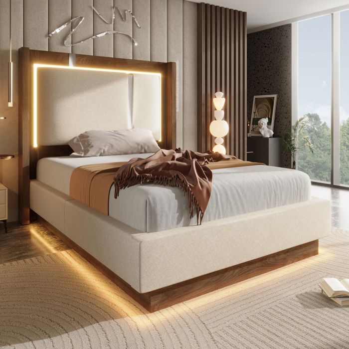 Lit rembourré 90 x 200 cm – sommier à lattes LED coffre hydraulique – beige/noyer sans matelas
