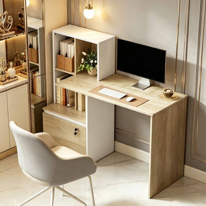 Bureau dOrdinateur avec Bibliothèque-126x50x109cm-Chêne et Blanc