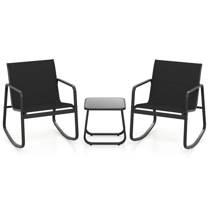 Salon de jardin 3 pièces avec 2 fauteuils à bascule table en verre trempé métal et textilène pour balcon