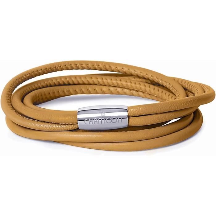 Lot De 3 Bracelets Homme En Cuir Véritable - Fermoir Magnétique - 21 Cm - Marron, Noir, Croix - Cadeau Élégant
