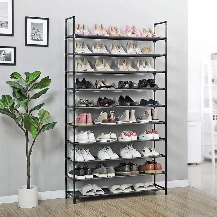 meuble à chaussures 10 étagères modulables structure en acier 100 cm x 29,5 cm x 176 cm noir