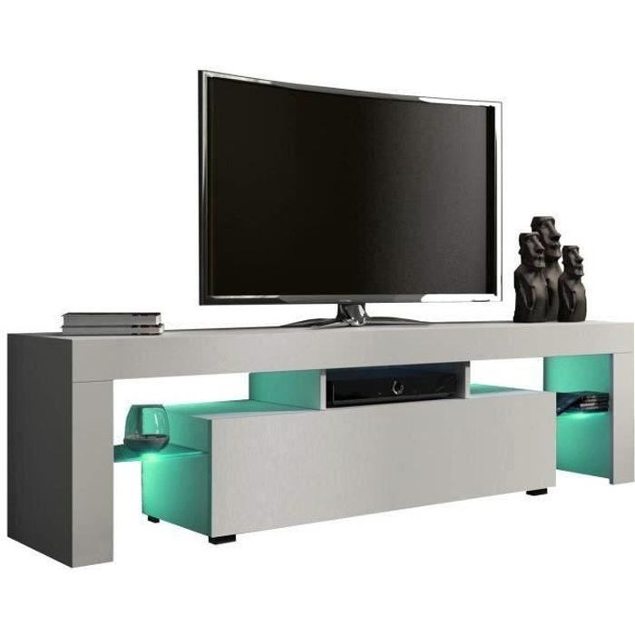 Meuble TV Blanc Brillant 160cm Avec Rangement Et LED - KOMHTOM - Table Télévision Salon 2 Tiroirs