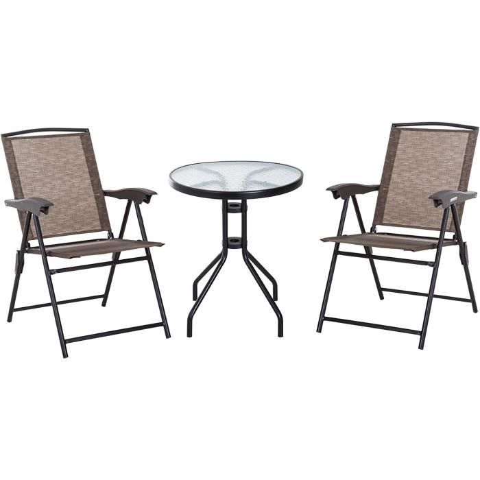 Ensemble de Jardin 3 pièces 2 chaises inclinables MultiPositions Pliables + Table Ronde Verre