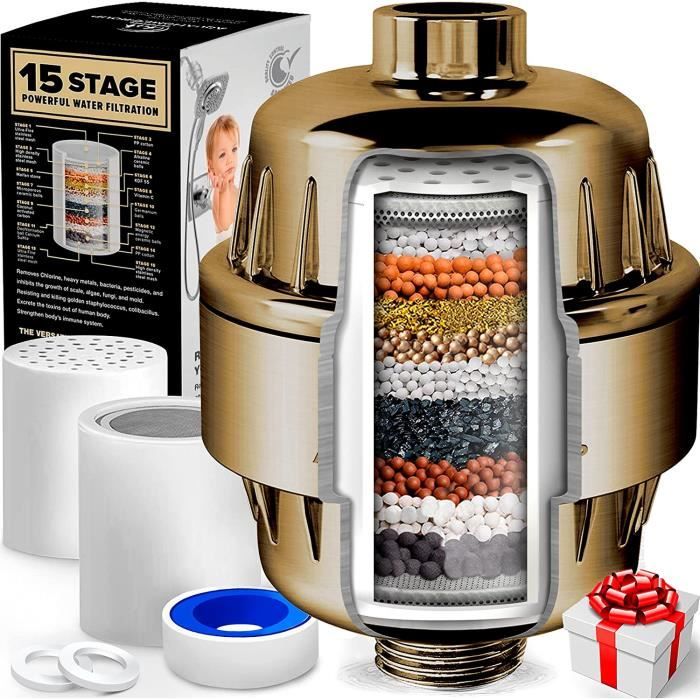 AquaHomeGroup Filtre de douche à 20 étapes avec vitamine C, A et E pour eau dure – Filtre à haut débit pour éliminer le chlore et le fluorure – 2 cartouches incluses